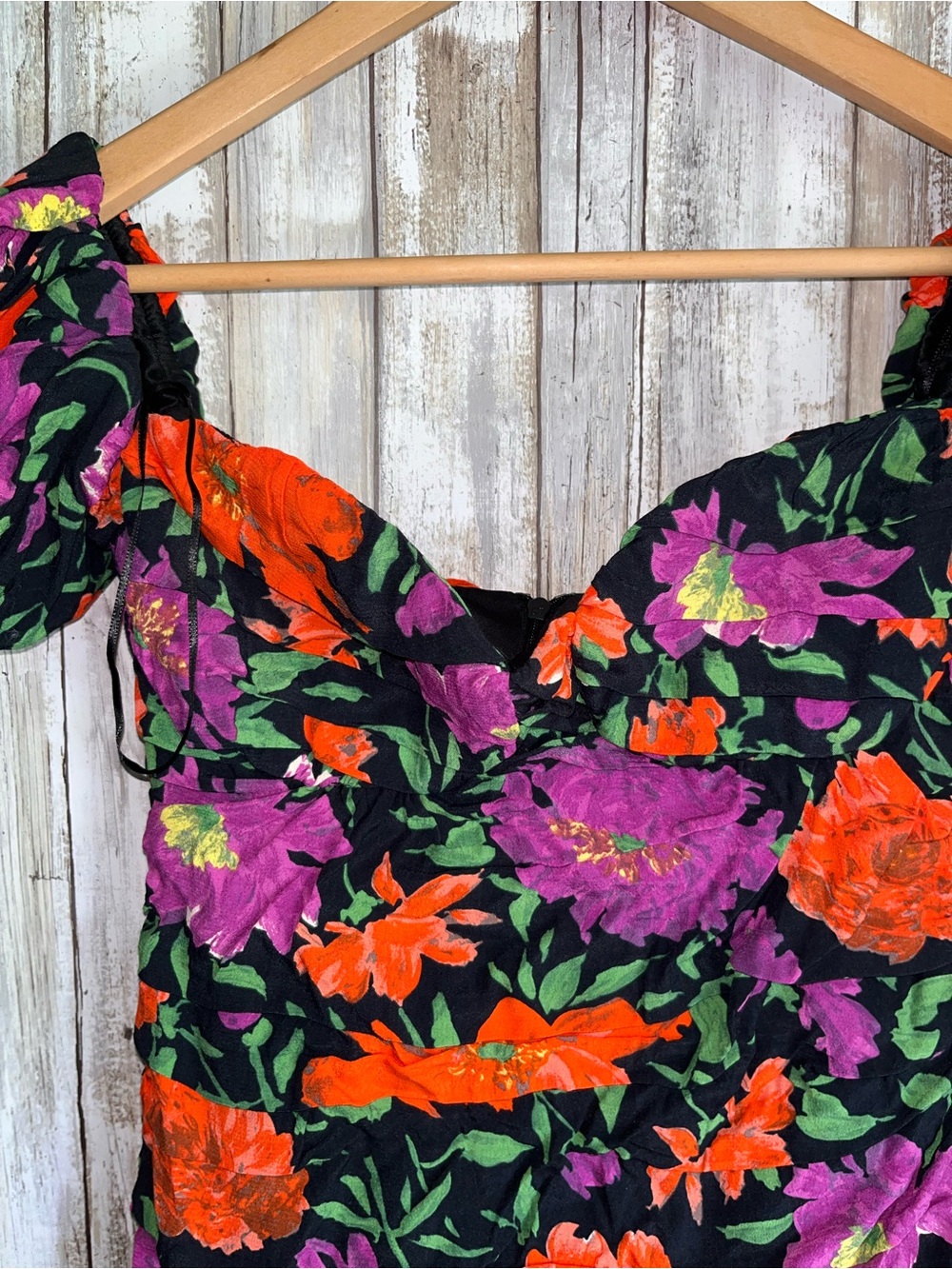 Zara Floral Puff Sleeve Mini Dress Sweetheart Neck Ruched Bodycon Size S - Picture 4 of 8